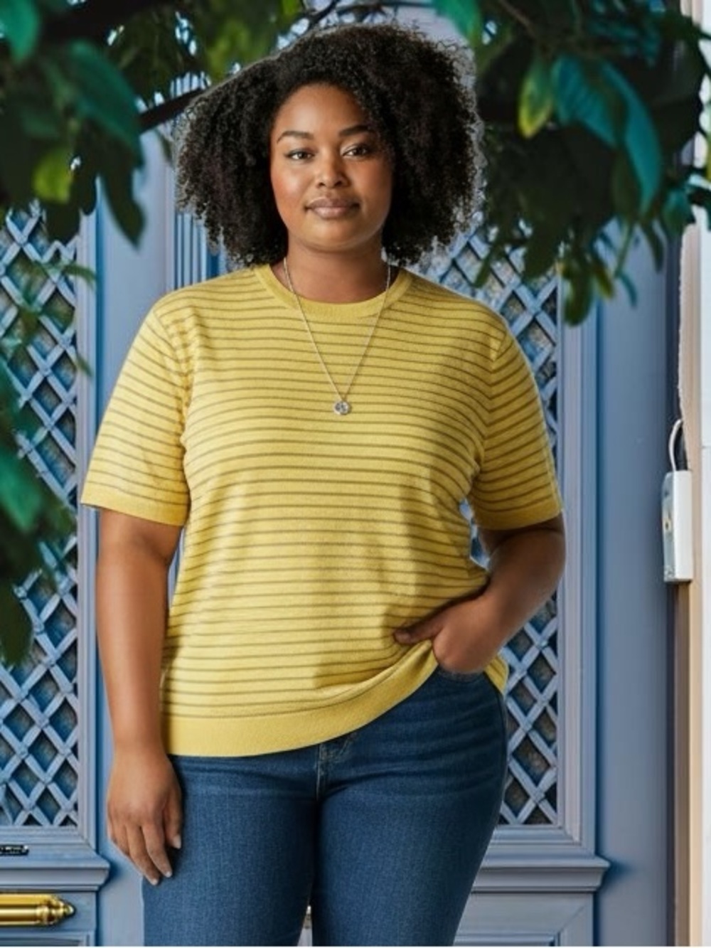 NWT Nautica Women’s Mustard Yellow Wavy Stripe Short Sleeve Sweater XXL